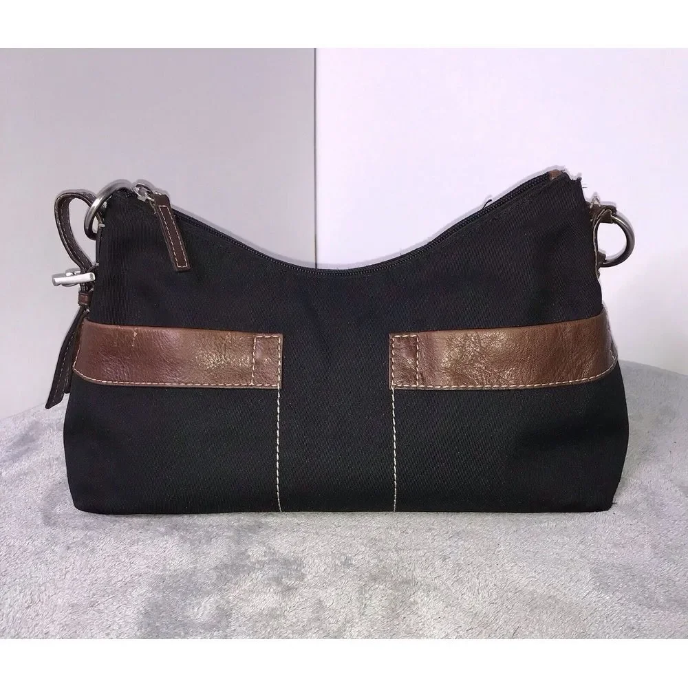 Fossil‎ Tan Black Nylon Leather Trim Shoulder Bag Handbag Hobo Purse READ